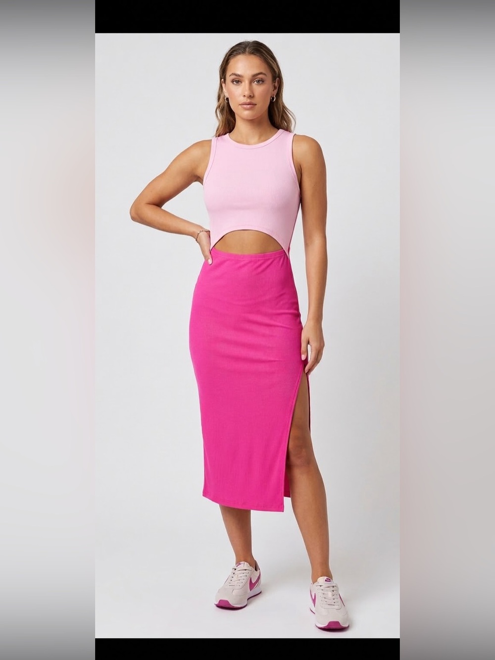 NWT MISFAY Pink Colorblock Cutout Ribbed Midi Dress Side Slit Y2K Barbiecore